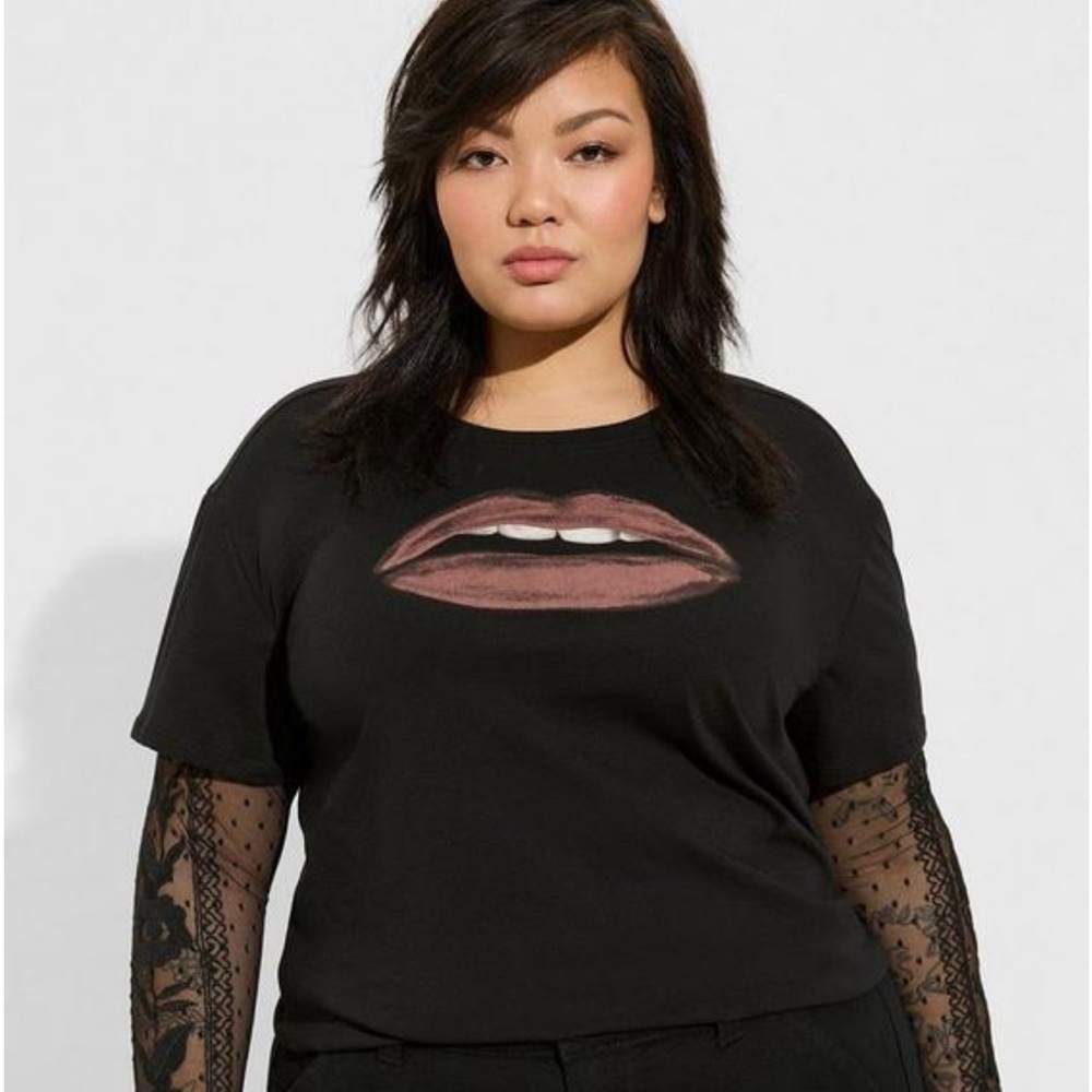 Torrid Lips Two-For Cotton Jersey Lace Sleeve Tee NWT